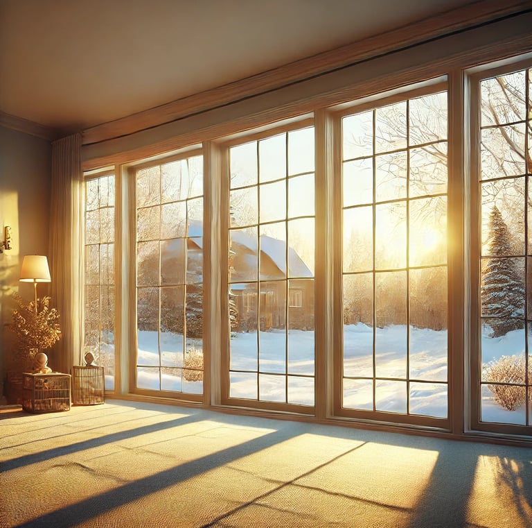 A living room with a large set of french pane windows