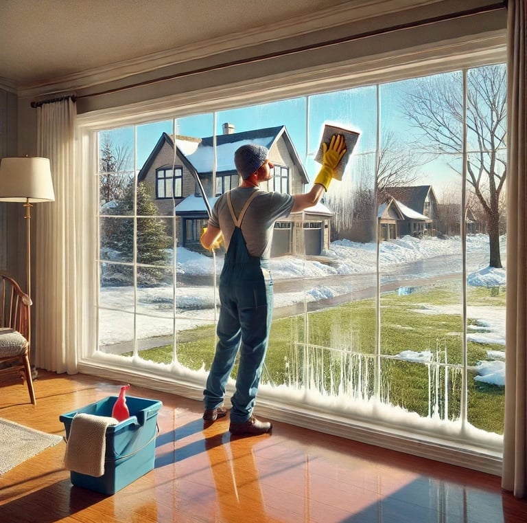 A man in overalls cleaning a window