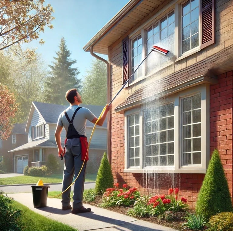 A man is using a water-fed pole system to clean the second story windows of a house