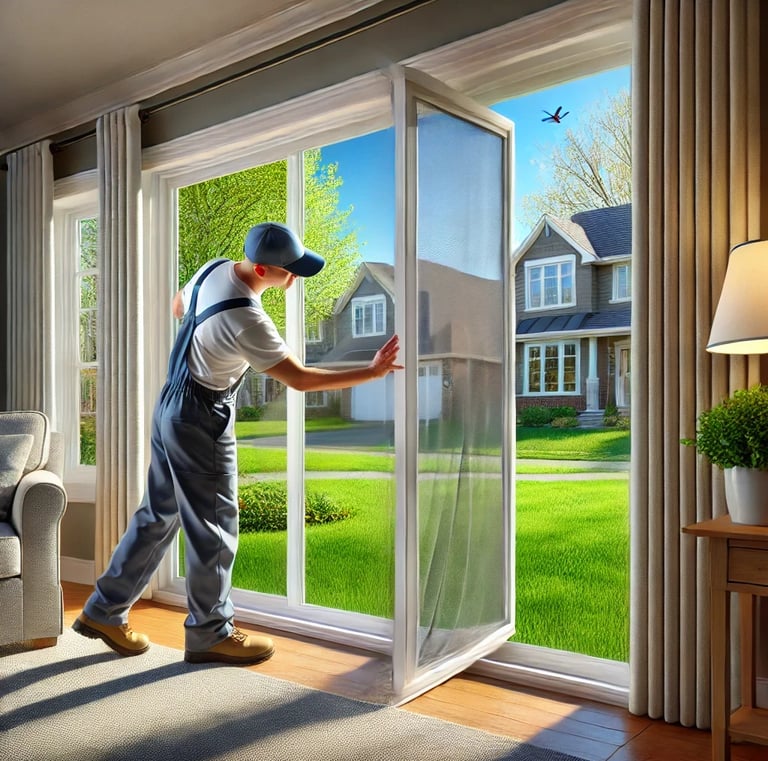 A window cleaner cleaning the window screens in a house