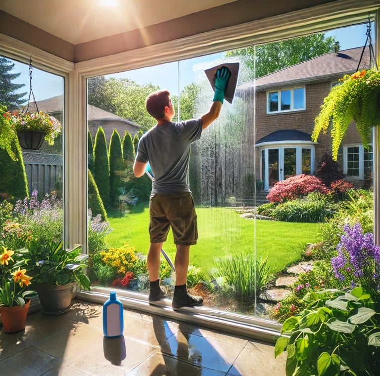 A man cleaning a patio window