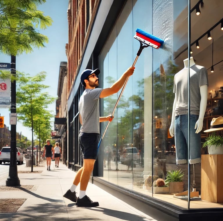 Aa man cleaning a store window with a squeegee