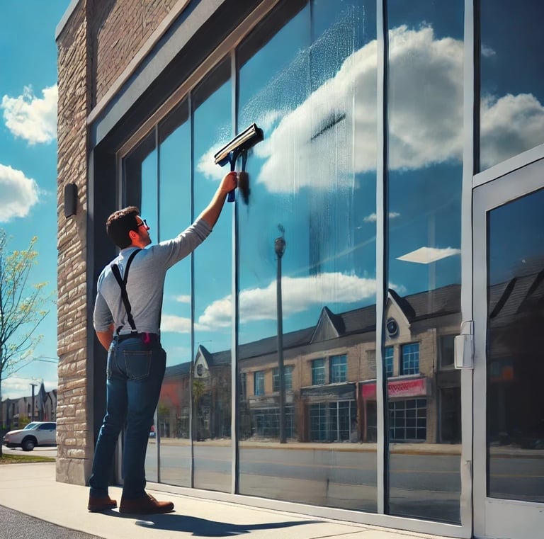 A man cleaning a storefront window