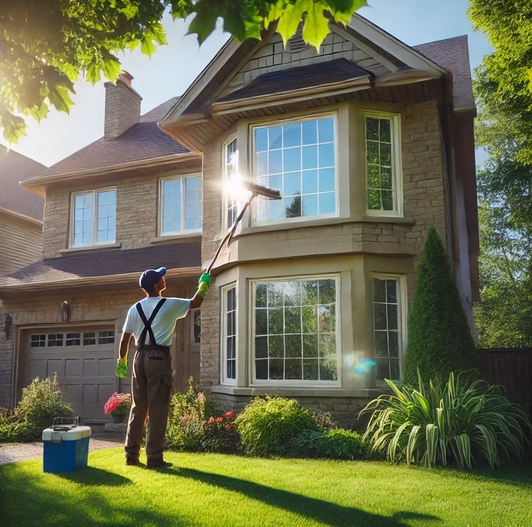 A man in a white shirt is cleaning house windows