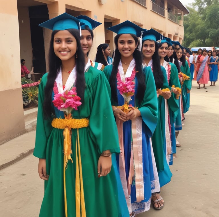 Three young women wearing uniforms with brown hijabs and gray caps are smiling and posing for the camera. Two of them make peace signs, and they have lanyards with ID cards around their necks. The setting appears to be an outdoor event, possibly linked to scouts or a similar organization. Behind them is a blurred background with greenery and a building with an air conditioning unit.