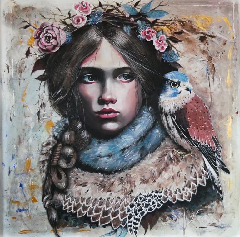 mignon janssen mignonart.de auftragsarbeit in acryl. die göttin freya mit einem falken. acrylbild. 