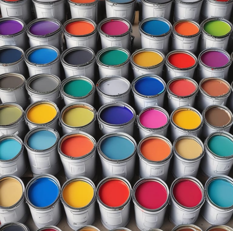 A collection of freshly painted RV parts in various colors.