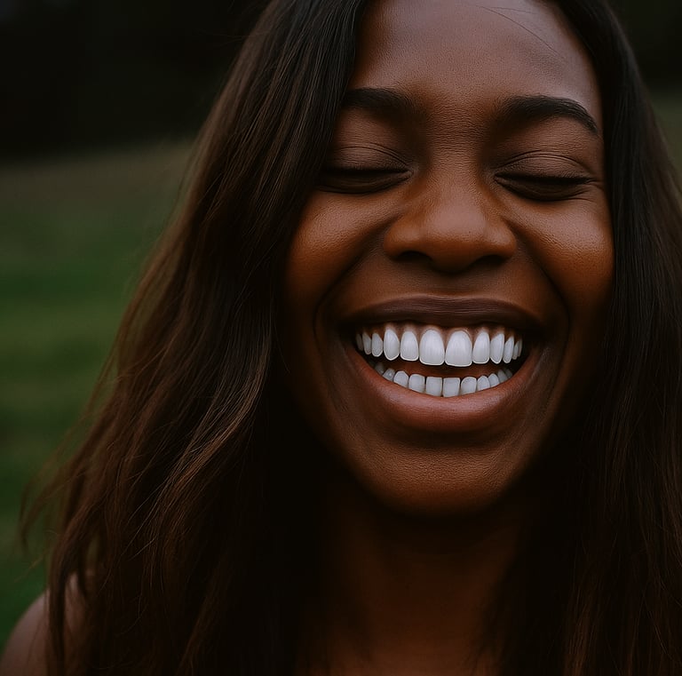 Femme souriant après un blanchiment dans un cabinet dentaire moderne au Cameroun – soins dentaires