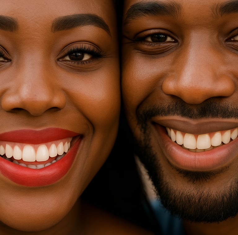 couple souriant après un blanchiment dans un cabinet dentaire moderne au Cameroun – soins dentaires