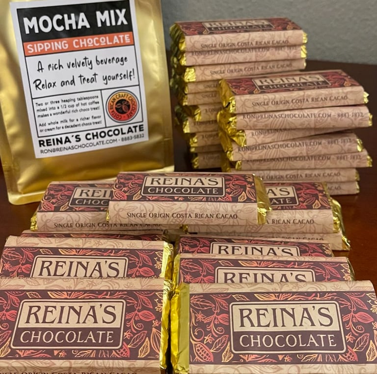Reina's craft chocolate bars and chocolate drinks