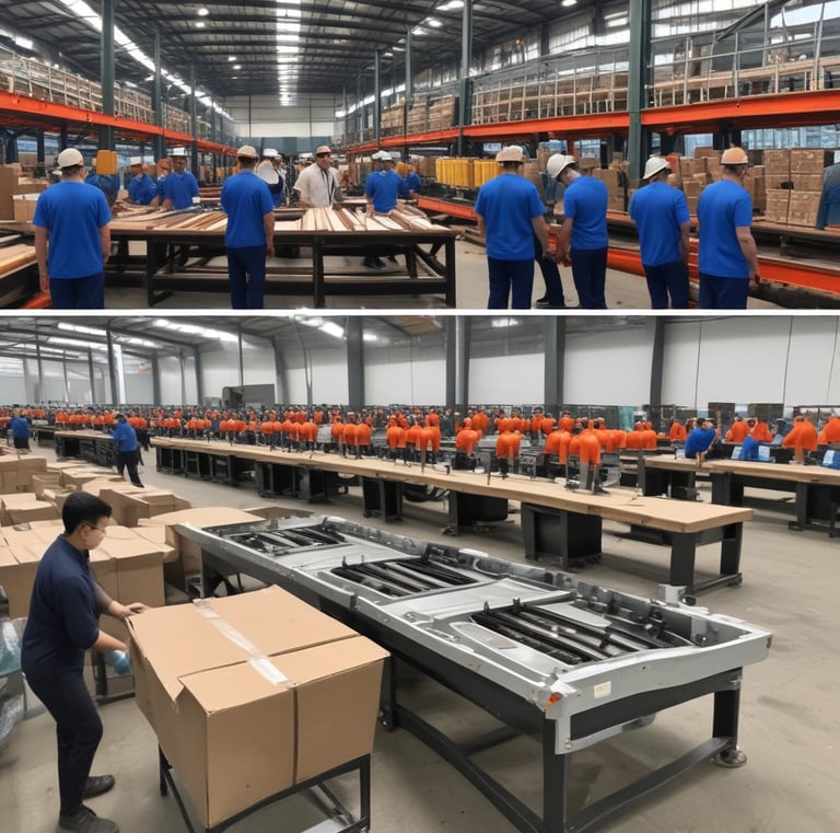 Stacked containers loaded with finished furniture, prepared for export shipment.