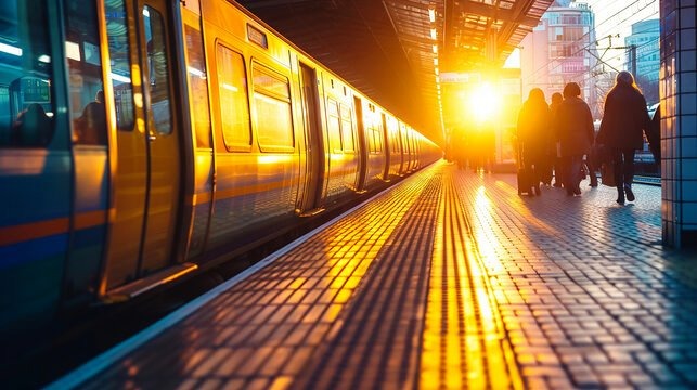 a train station with people walking on the platform