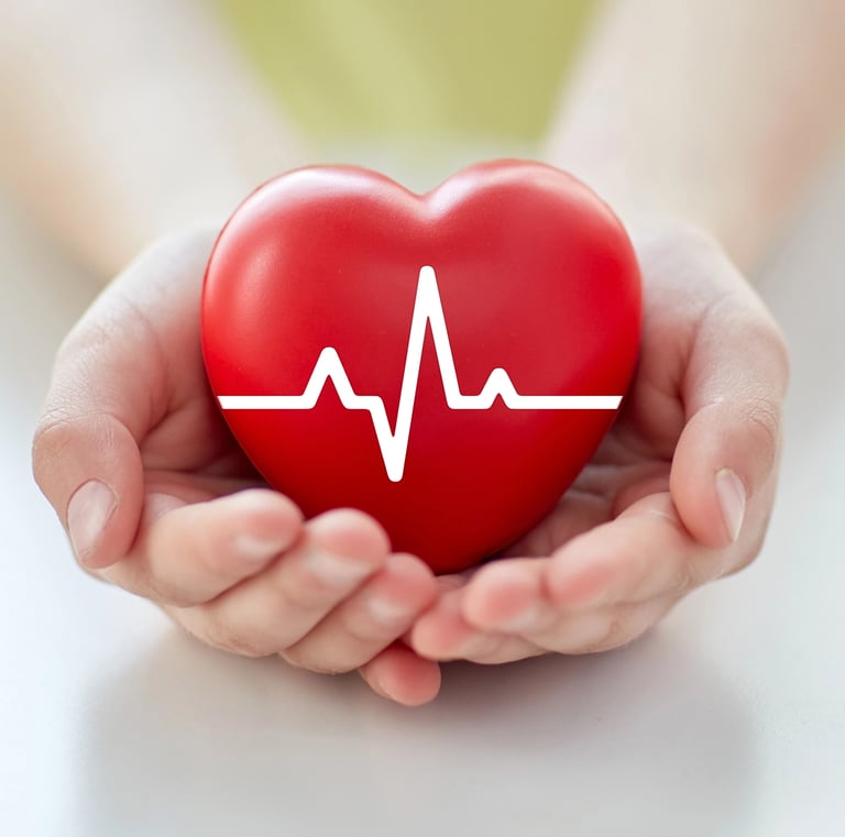 a person holding a red heart shaped heart with a heartbeat