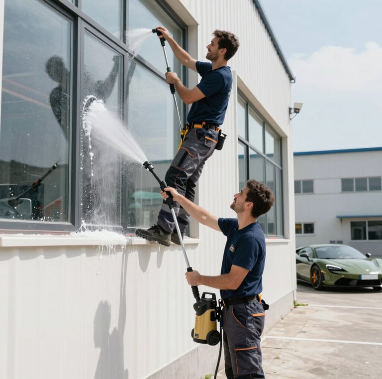 A building with a prominent red and white sign labeled 'SERVICE' against a bright blue sky with some clouds. The structure has a modern, industrial appearance with sleek lines and a clean design. A light fixture is visible on the wall.