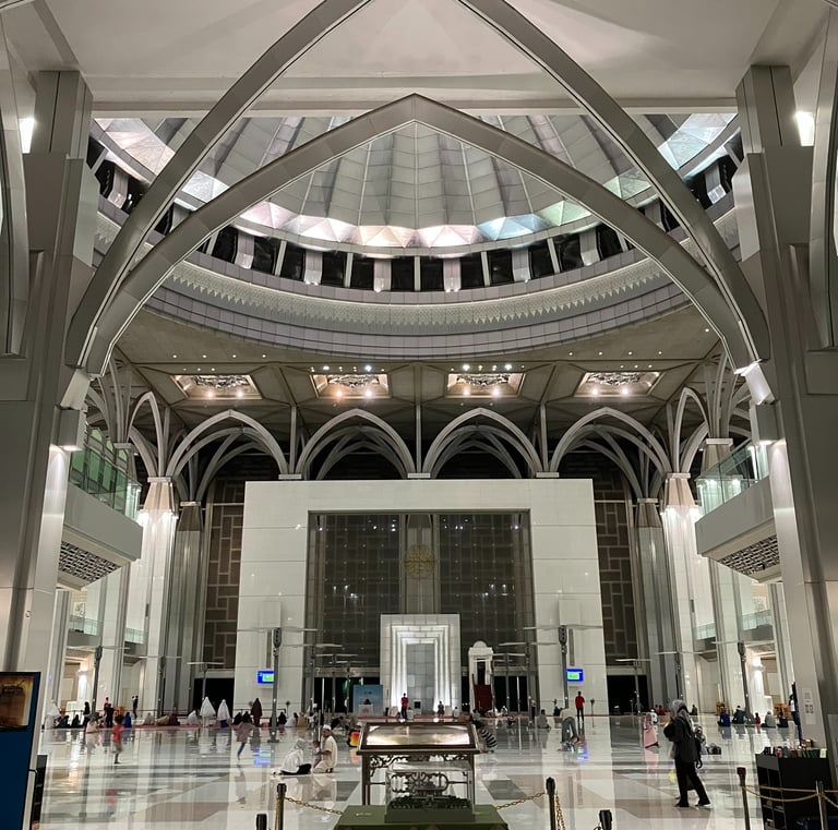 Interior of the Iron Mosque in Malaysia, showcasing modern Islamic architecture and serene ambiance