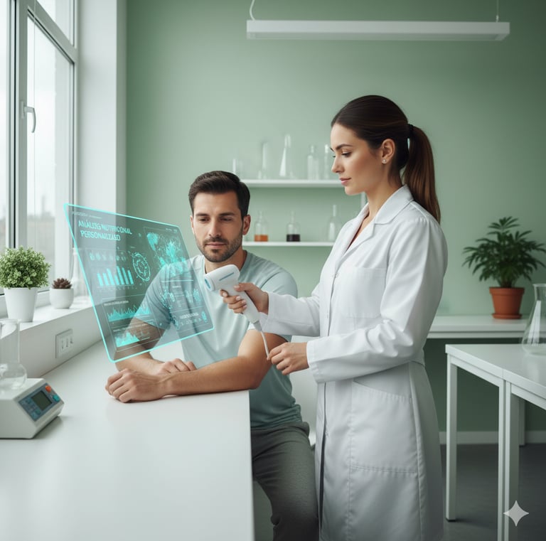 Un profesional usando una herramienta tecnológica (tablet o dispositivo biométrico) con un paciente