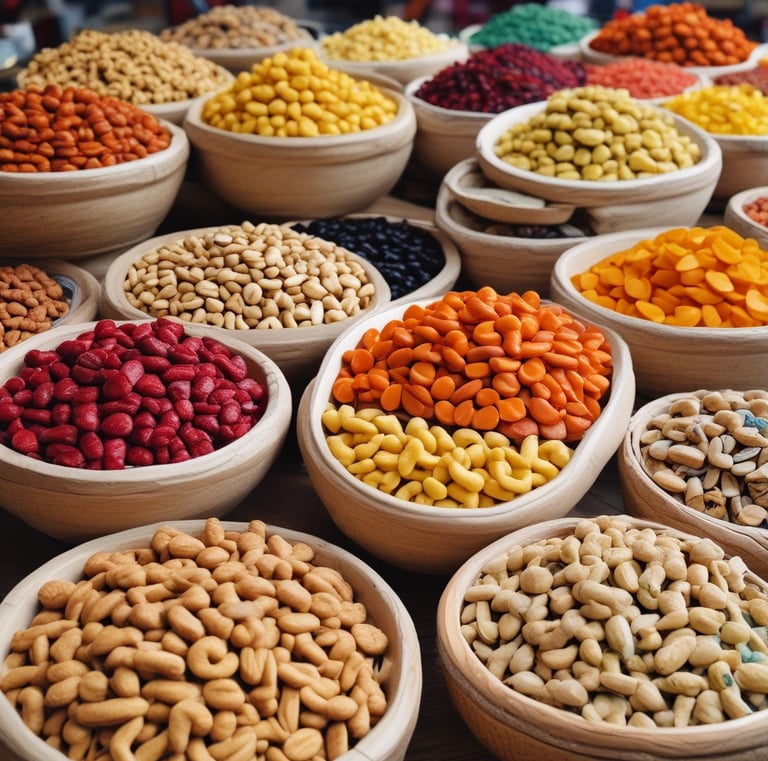 A bustling market scene showcasing dried fruits and nuts.