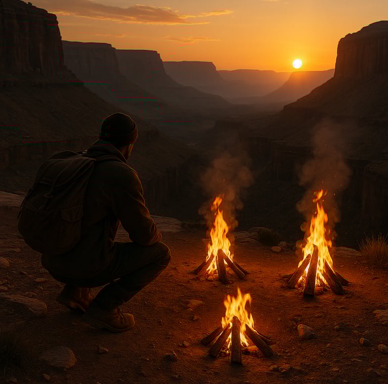 Camper sitting near three lit fires at canyon overlook during sunset, illustrating wilderness firecraft, solitude, and backco