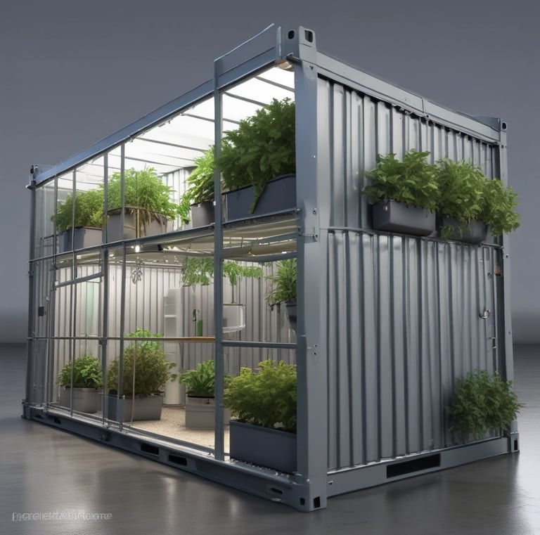A large indoor hydroponic farm with rows of healthy green plants growing in white containers. The setup includes numerous overhead lights and support structures with reflective walls to enhance lighting. Ventilation ducts and power lines are visible, indicating a controlled environment.