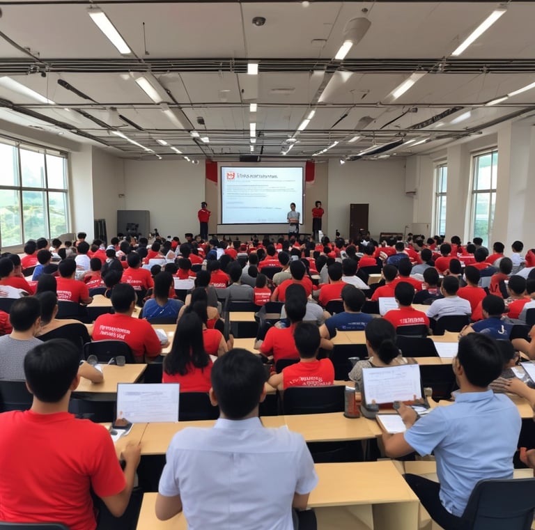 A group of people are attending a workshop focused on capacity building for instructors. The event is held in Padang and organized by various organizations, as indicated by the logos on the banner. A speaker in a red shirt is addressing the audience from a podium, while participants sit at round tables with water bottles and notes in front of them.