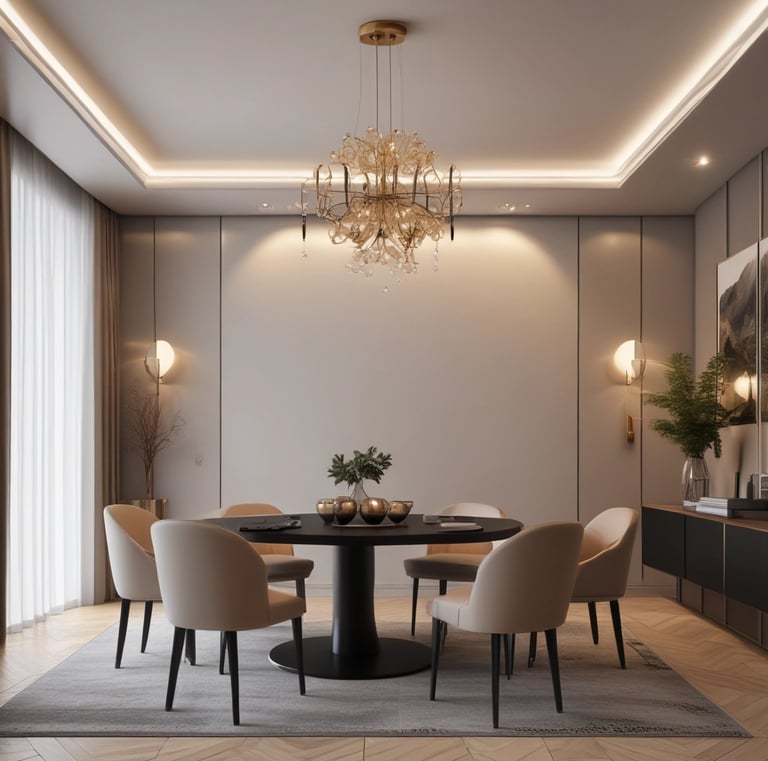 An inviting dining area with a wooden table, teal chairs, and coral centerpiece.