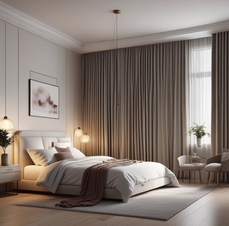 A bright bedroom featuring clean lines, a coral throw blanket, and natural light streaming in.