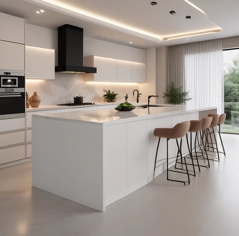 A modern kitchen with sleek white cabinets, teal backsplash, and coral bar stools.