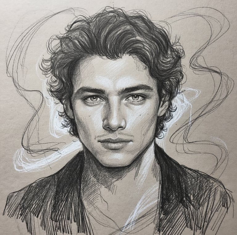 Character art of Jakob. A pencil sketch of a young curly-haired man looking directly at the camera.