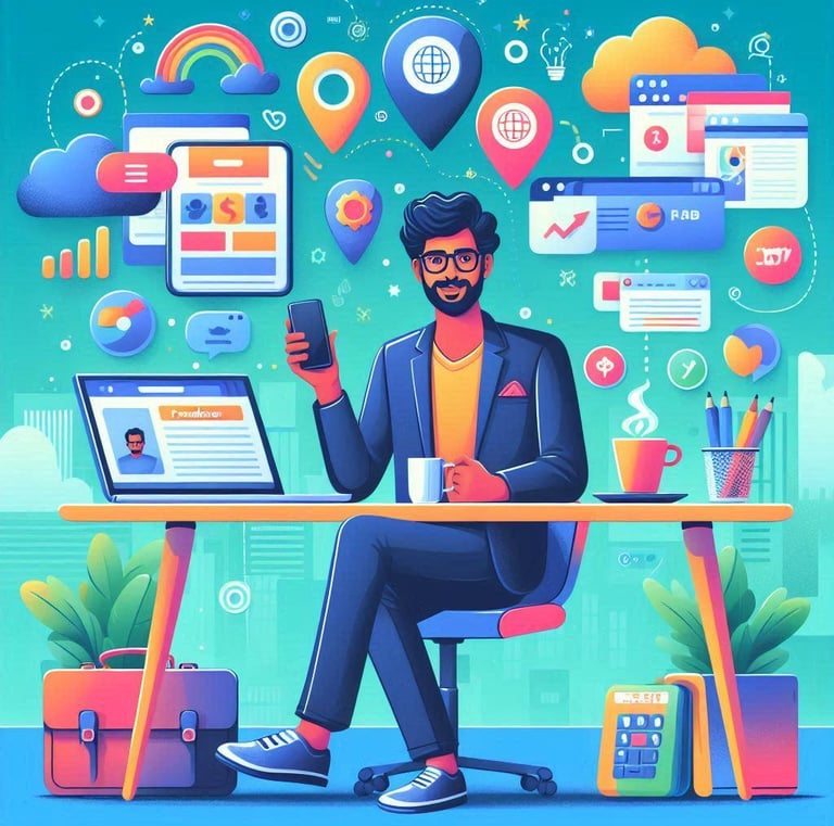 a man sitting at a desk with a laptop and a laptop