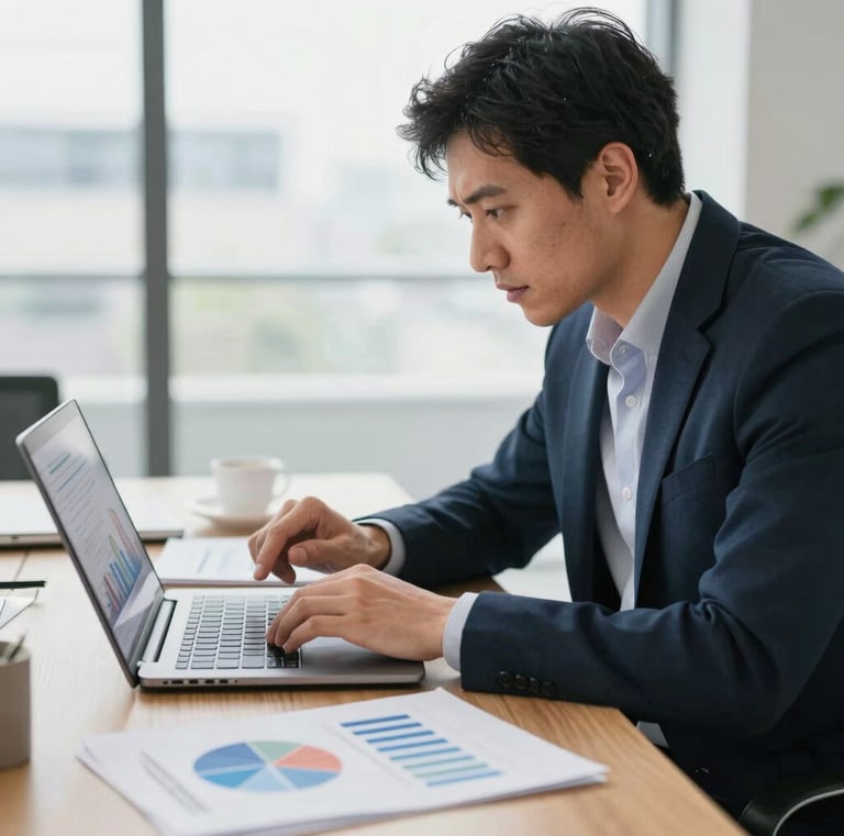 a man sitting at a desk with a laptop and a laptop