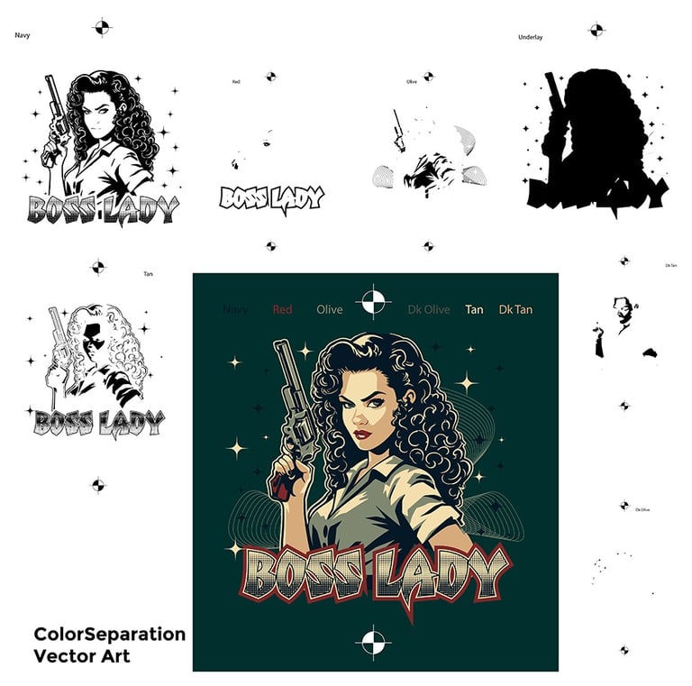 Color separation layers for screen-printed t-shirt design showing CMYK inks