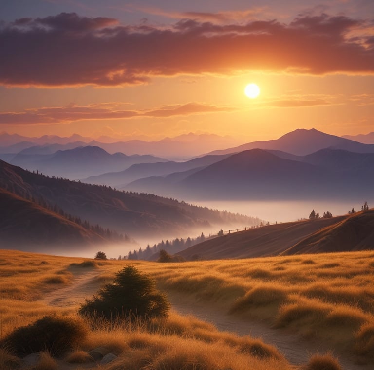 A serene sunset over a calm lake reflecting pink and purple hues.