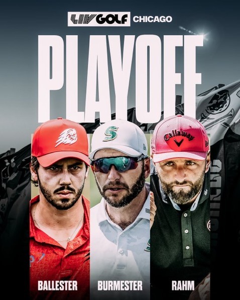 Jon Rahm, Josele Ballester, and Dean Burmester go to a playoff at LIV Golf Chicago (Photo: LIV Golf)