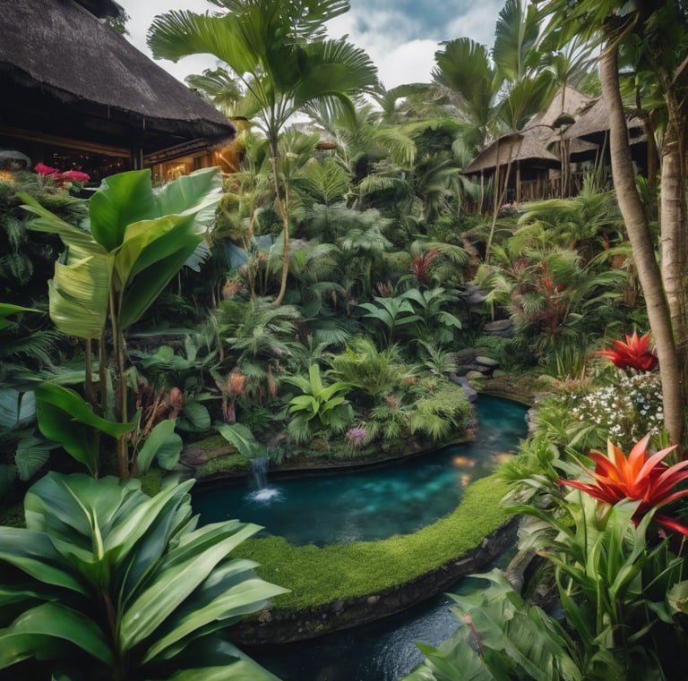 A garden sign is prominently displayed with text indicating 'RUMAH BEGONIA BROMELIAD' and 'BEGONIA & BROMELIAD HOUSE'. The sign has a circular graphic of flowers. It is surrounded by lush greenery and vibrant red flowers.
