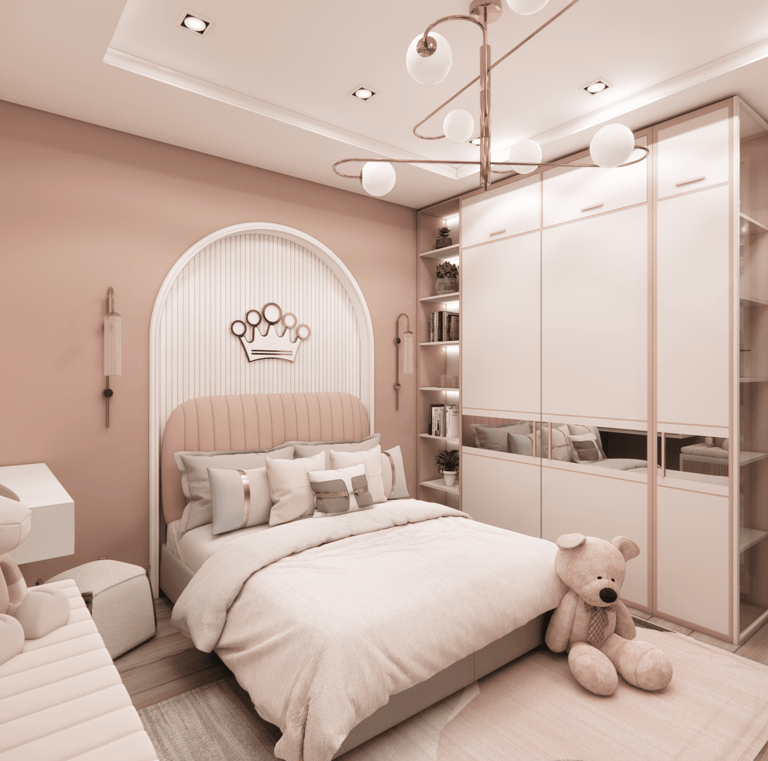 Girl's bedroom interior design with cot, stylish bed back panel, wardrobe and bookshelf by CASA DESIGNERS