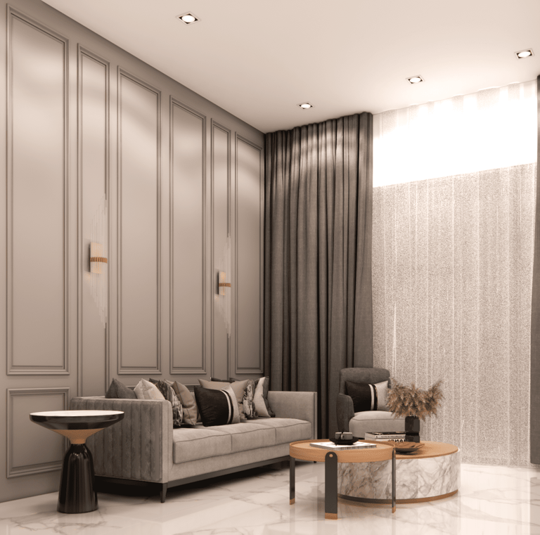 Interior design detail of living room sofa back panel paired with sofa and curtains