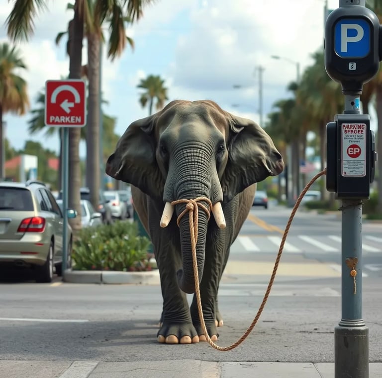 Elephant tied to a Parking Meter