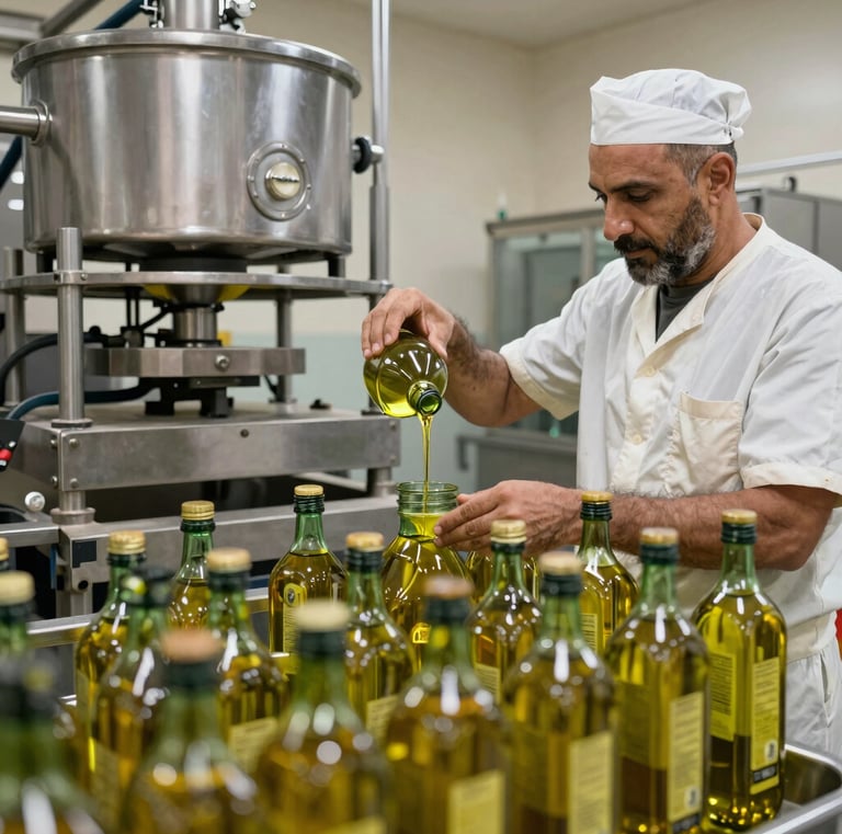 Bottles of زيت كروتينا lined up neatly on a modern production line