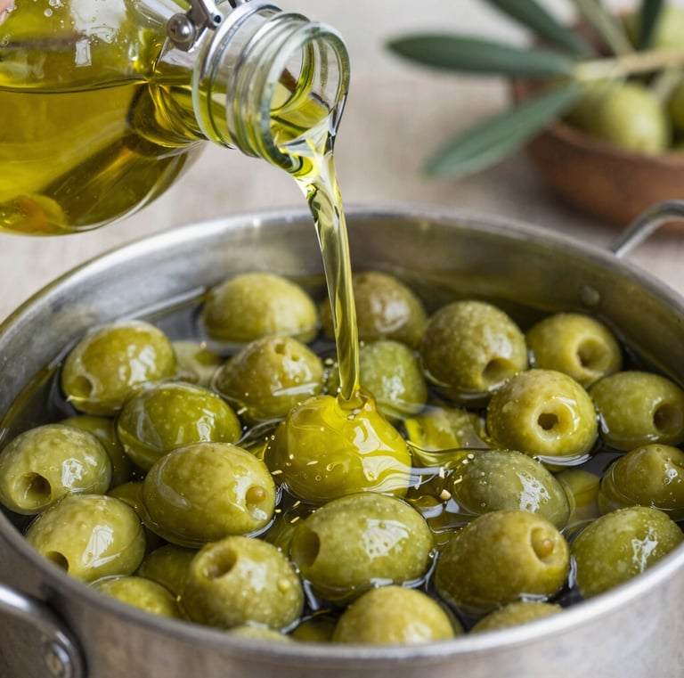Close-up of a drop of golden olive oil falling from a bottle spout