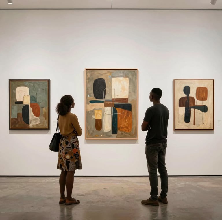 Wide shot of a bustling exhibition space showcasing diverse artworks from multiple African creators.