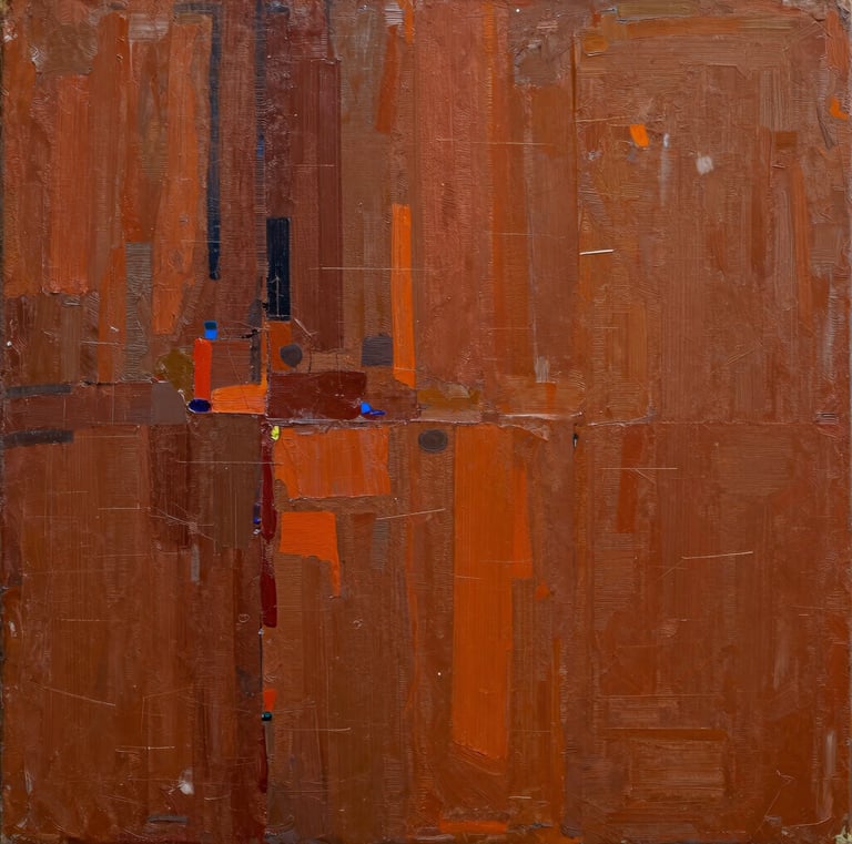 Close-up of a textured mixed-media painting blending traditional motifs with modern abstraction.