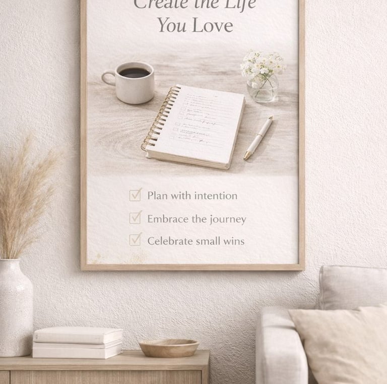 a coffee table with a notebook and a cup of coffee