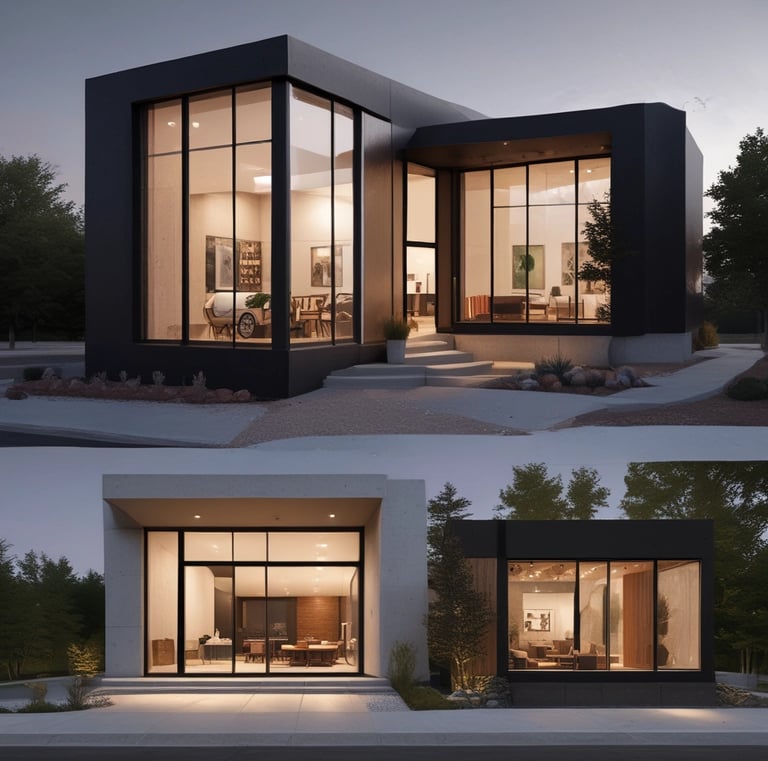 Evening exterior of a residential building showcasing warm lighting and textured facade materials.