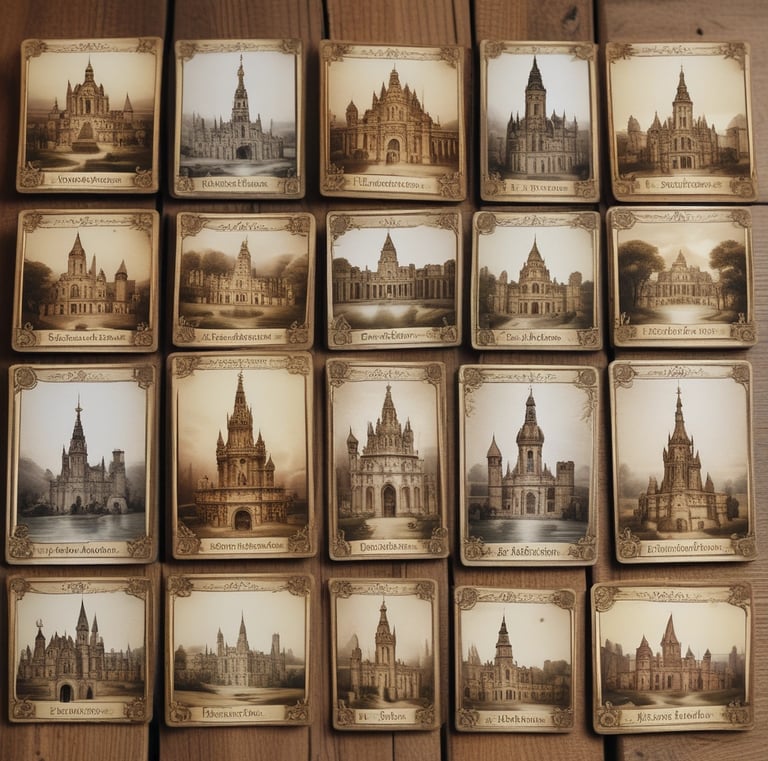 A spread of vintage-style cards showcasing French landmarks on a rustic wooden table.