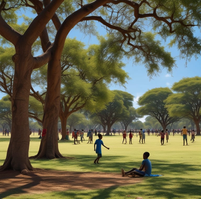 Children playing together under a bright blue sky in the Orphanaid Kenya garden.