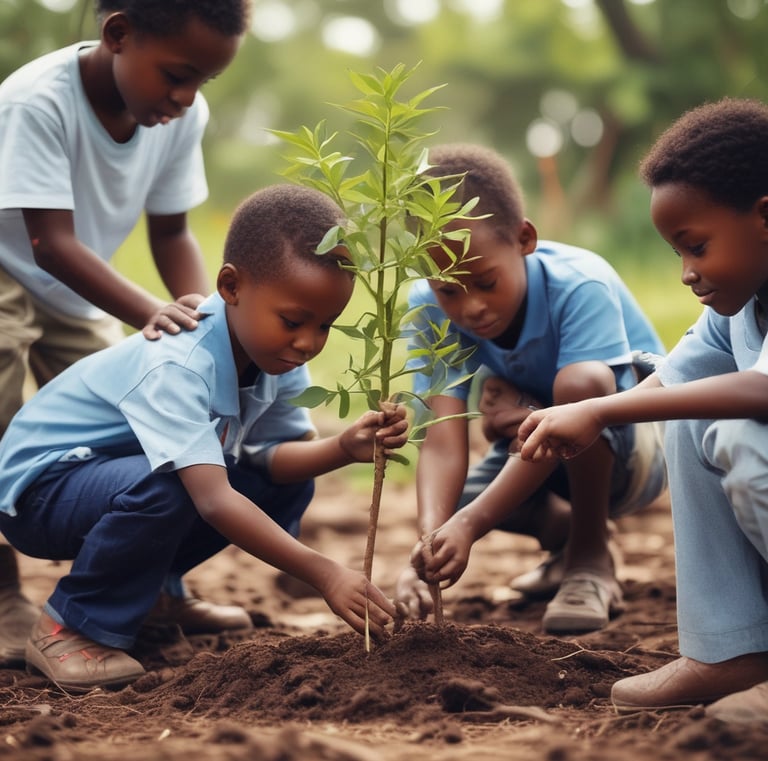 Boys and girls planting trees in the yard, nurturing growth and hope.