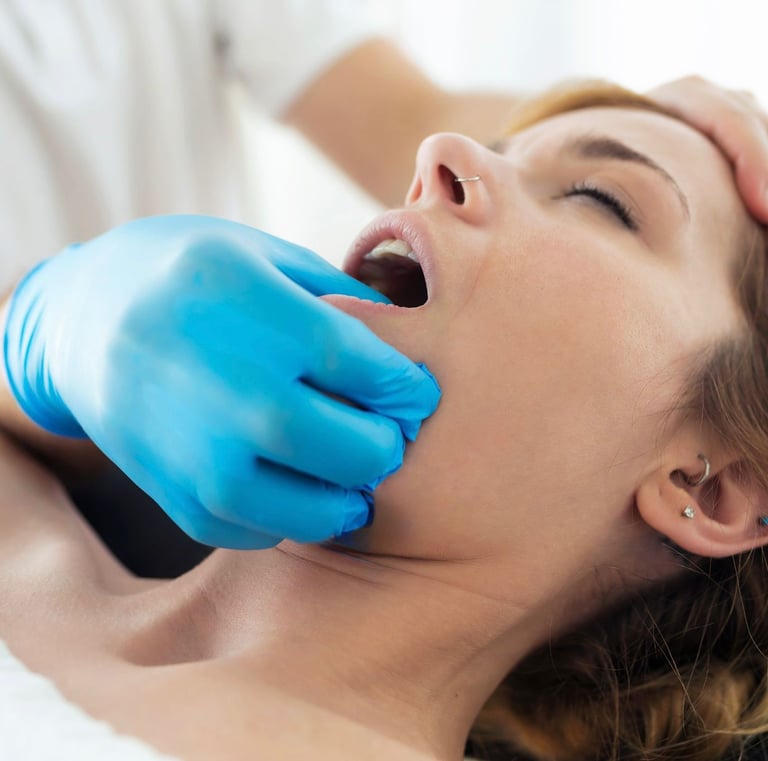 TMJ massage therapy on a woman to relieve jaw pain.