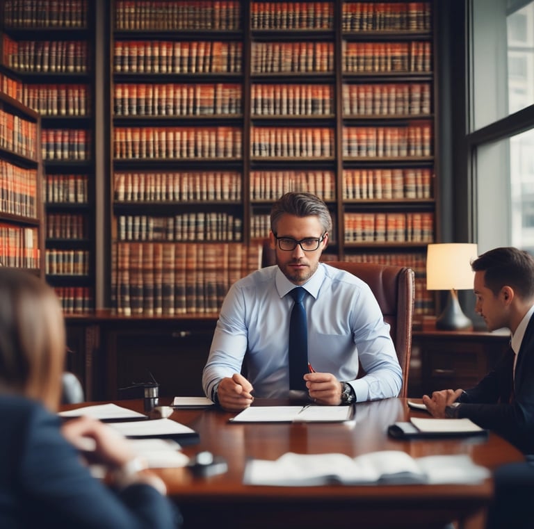 Modern office space with elegant blue and gold accents.