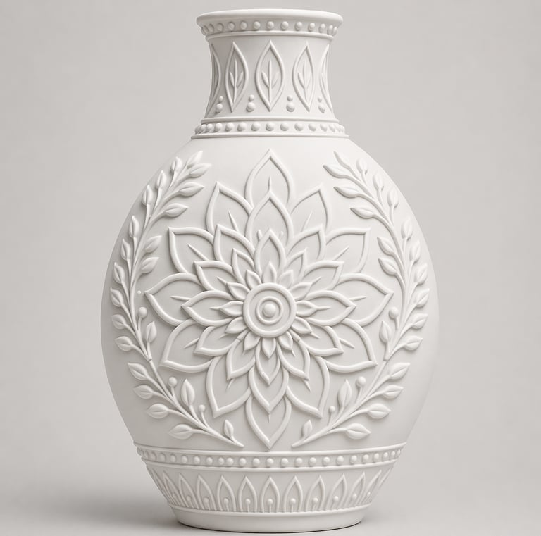 Elegant white ceramic vase featuring an intricate embossed floral pattern and leaf motifs on a matte finish.