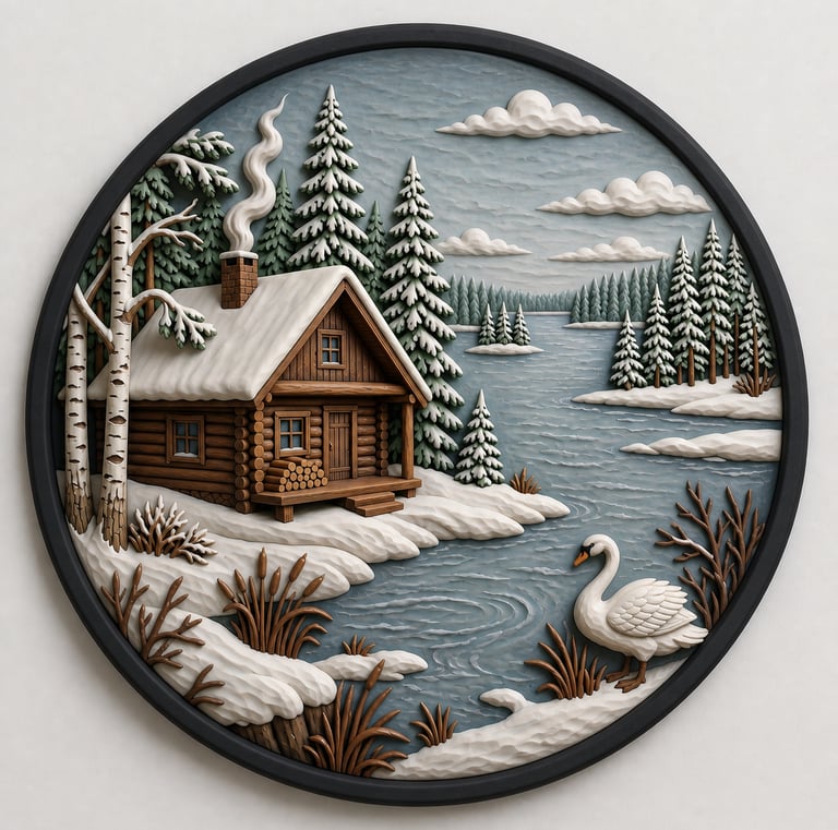Wood carved winter landscape wall art featuring a snowy log cabin, pine trees, and a white swan by a frozen lake.
